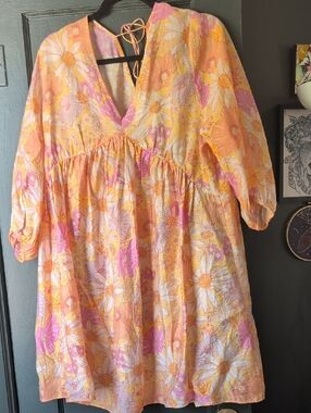H&m Floral Tie-Back Peasant Dress in Peach & Pink NWT